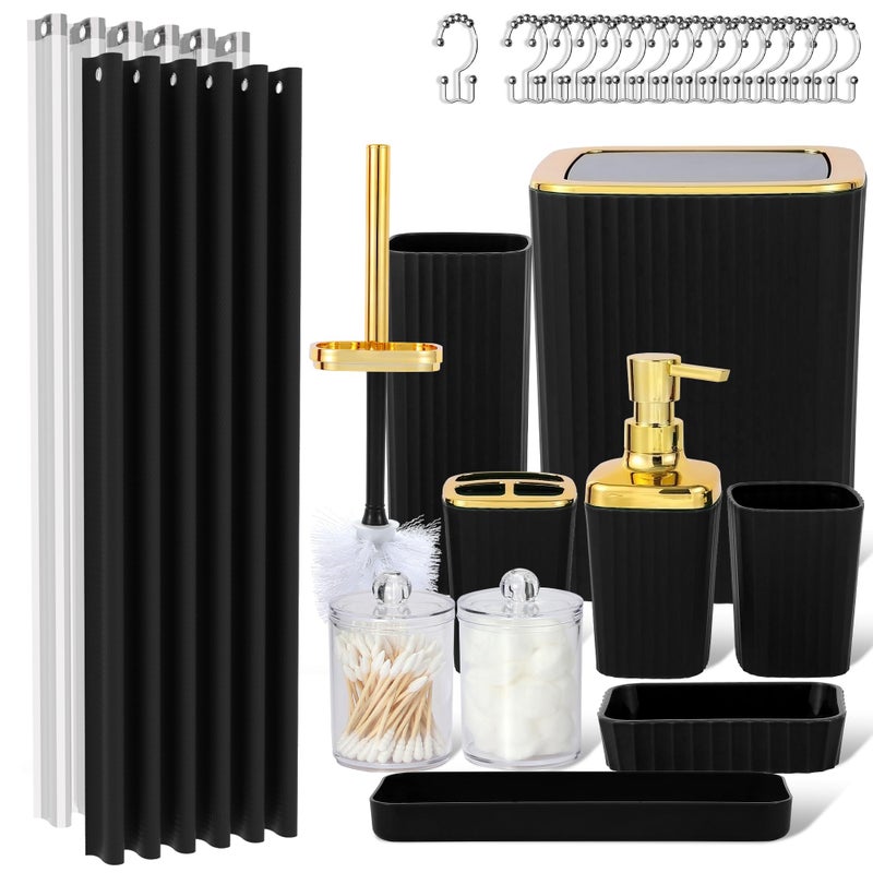 Viowil Black Bathroom Set, 23 PCS Black Bathroom Accessories Set with Shower Curtains, Trash Can, Toothbrush Holder, Soap Dispensers, Toothbrush Cup, Vanity Tray, Soap Dish, Toilet Brush, Qtip Holders - Image 1